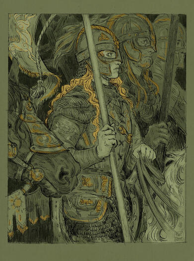 Éowyn, disguised as Dernhelm, among the Riders of Rohan. Based on Eugéne Grasset’s “Jeanne chevauchant au milieu des hommes d’armes” (1894)